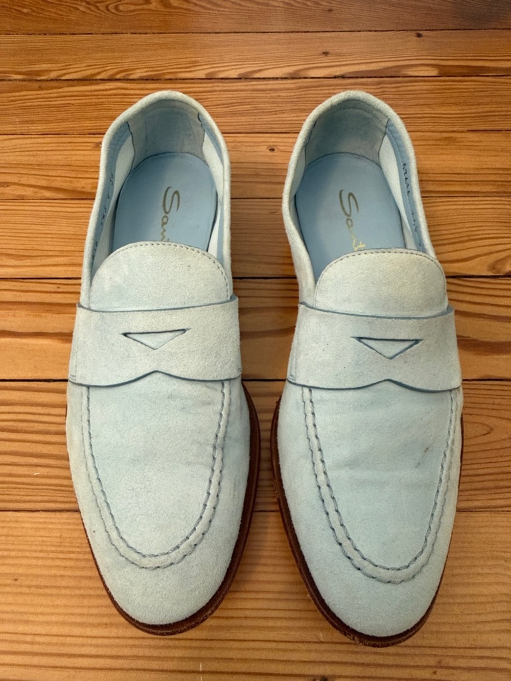 Blue suede loafers